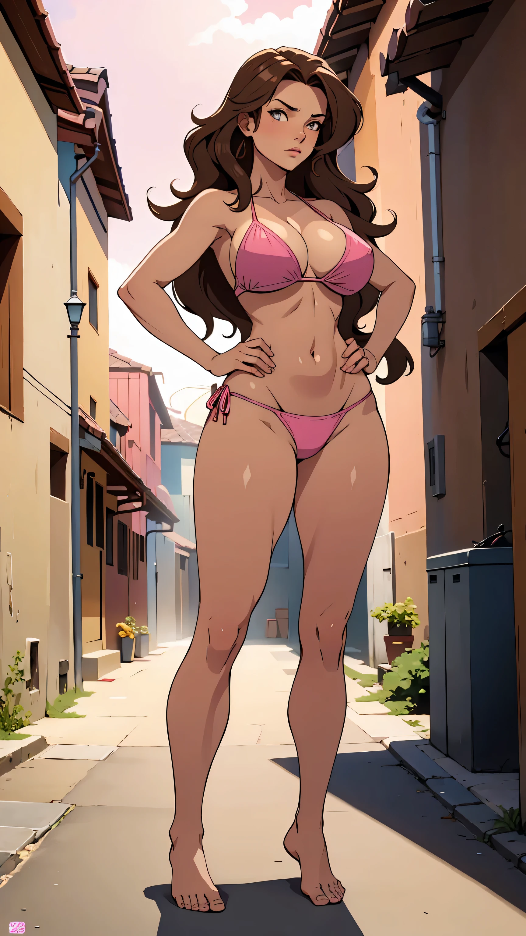 Masterpiece, best quality, Masterpiece, best quality, 1 woman, wavy brown hair, sly face , pink bikini , big breasts , Long legs , hands on hips , Barefoot , alley