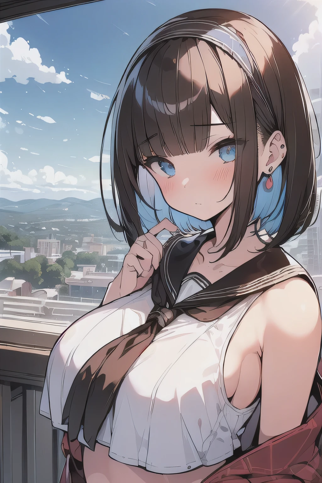 (best quality), (Super detailed), (Best Illustration), (masterpiece), (woman), High Contrast, upper body, (white serafuku), (large breasts), {(detailed eyes), blue eyes}, {brown hair, (sideburns), (bob cut:1.3), curly hair, hairs between eyes, colored inner hair}, blush, earring, hair band, (wind), beautiful sky, (panoramic view:1.4)