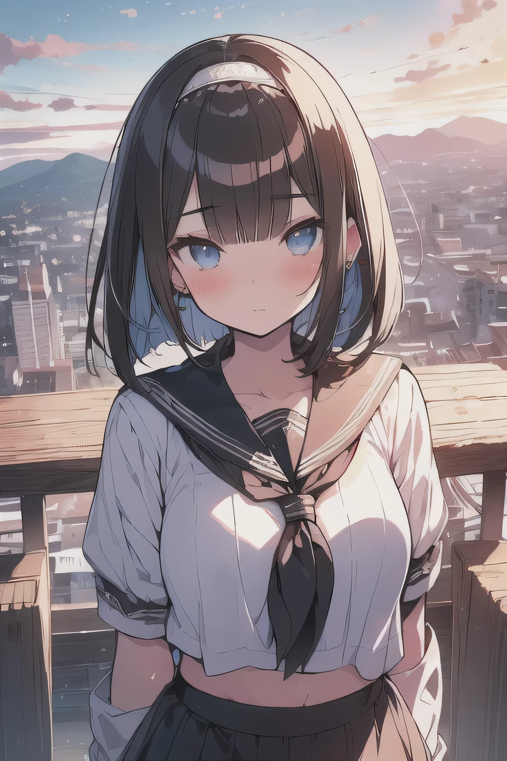 (best quality), (Super detailed), (Best Illustration), (masterpiece), (woman), High Contrast, upper body, (white serafuku), (large breasts), {(detailed eyes), blue eyes}, {brown hair, (sideburns), (bob cut:1.3), curly hair, hairs between eyes, colored inner hair}, blush, earring, hair band, (wind), beautiful sky, (panoramic view:1.4)