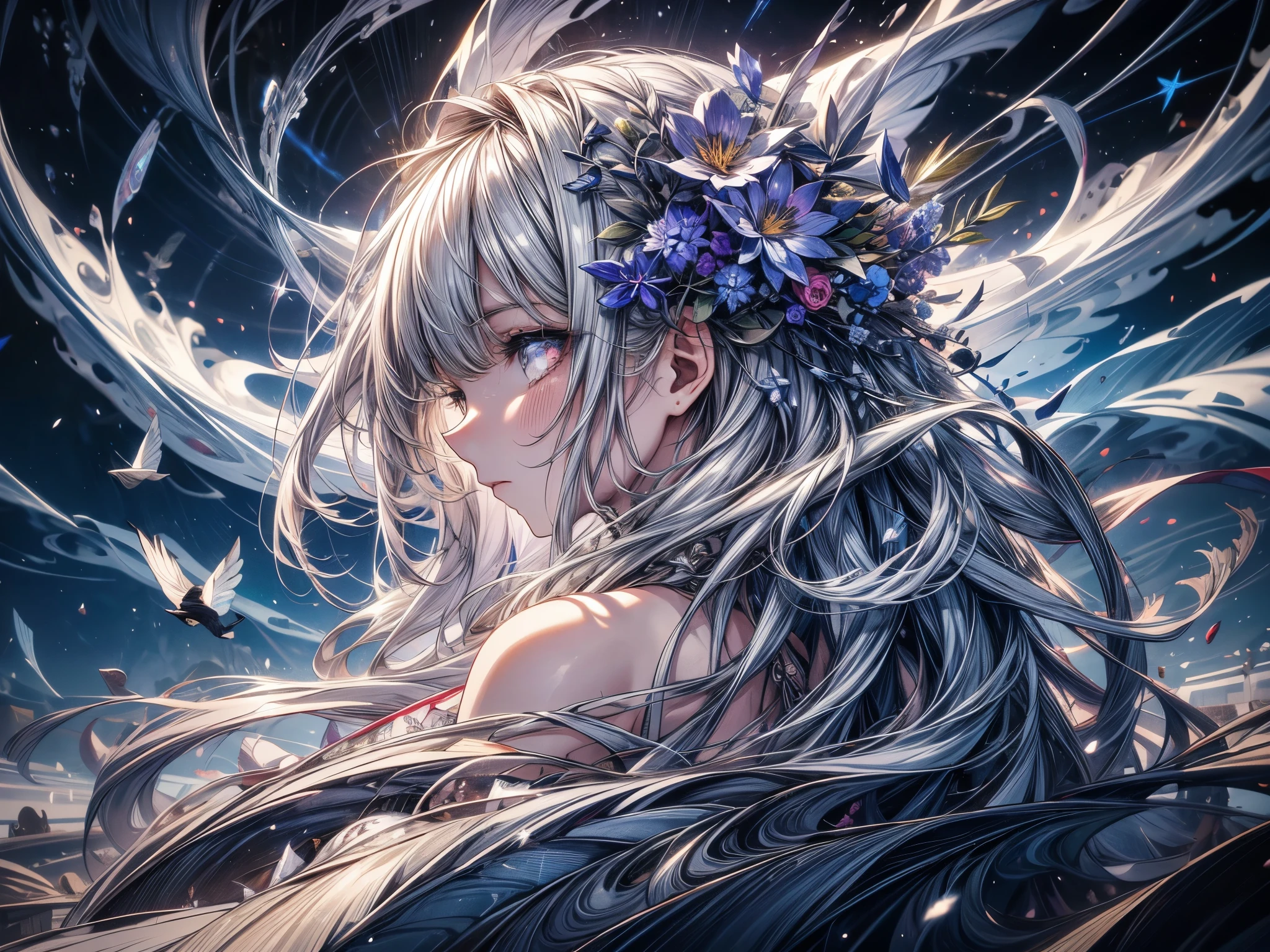 bust, Waves, 1 girl, No.18, extremely long hair, Silver slit dress, 
Flowers bloom,  galaxy, Spiral Nebula, birds,  Like a dream,
best quality, masterpiece, Ultra-high resolution, illustration, Deep Shadow, Rim Light, 