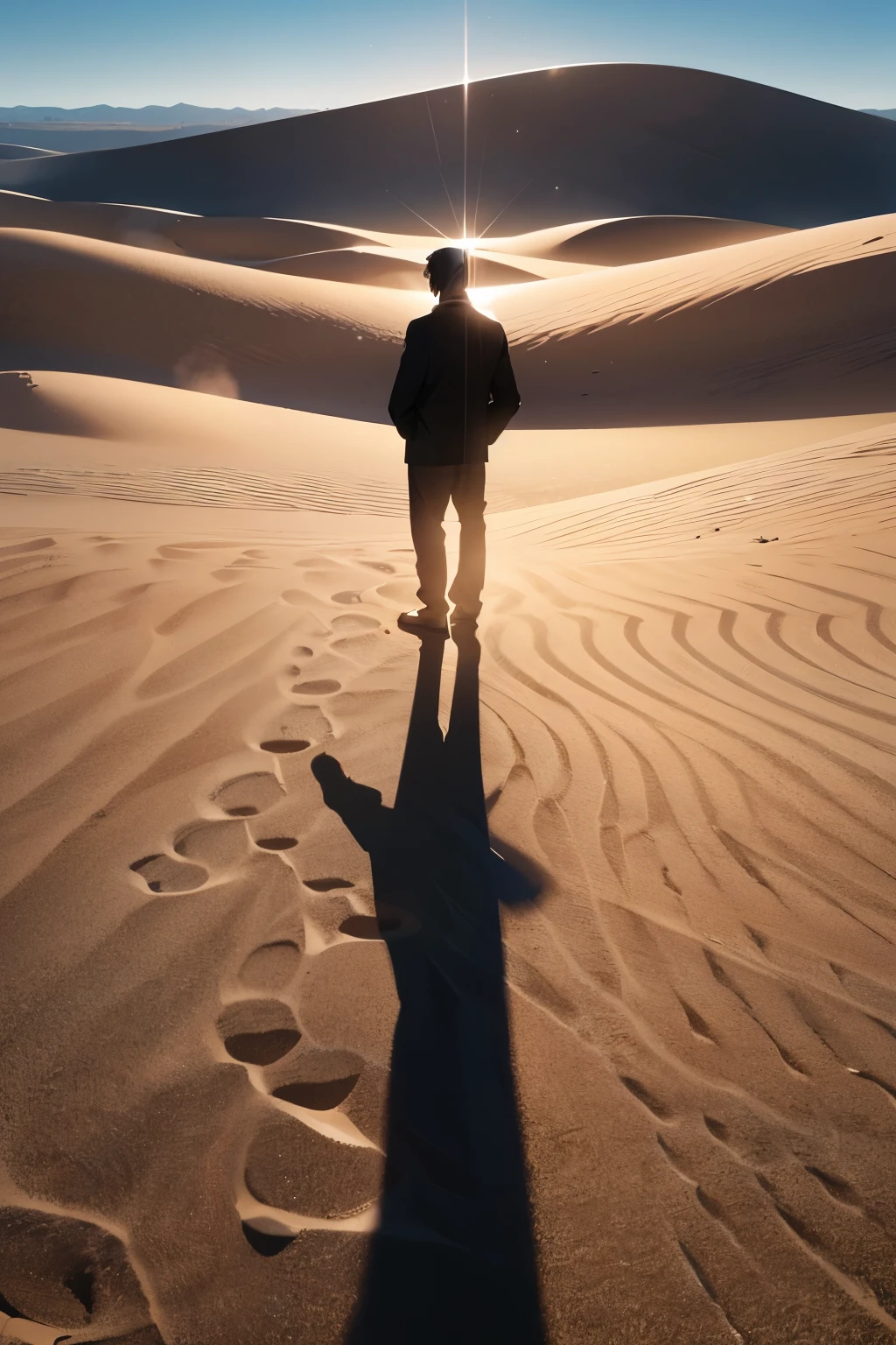 1 man, black silhouette, standing in a desert with sand dunes looking at a black non-euclidean structure inthe distance