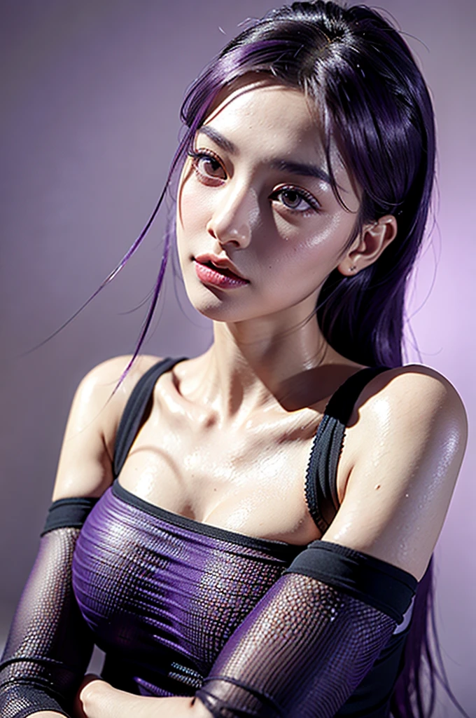 realistic,( photo-realistic), ultra hires, (masterpiece, top quality, best quality, official art, beautiful, raw photo, (high detailed skin:1.2), detailed woman, kafka, purple eyes, purple hair, eyewear on head, long eyelashes, delicated eyebrows, beautiful lips, high detailed eyes, ((big breasts: 1.2))