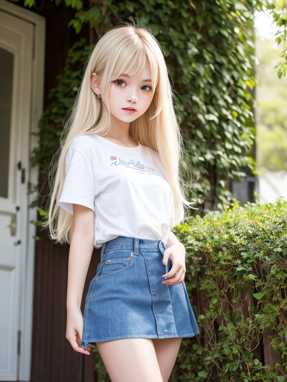 plein air、Swaying bangs、Care for bangs、poneyTail、hair care、The ultimate beauty of 、a miniskirt、Glossy white beautiful skin、Sexy and very beautiful good looks、Very cute face with ultimate beauty、Super long platinum blonde hair、Smooth straight hair、Big blue eyes with radiant transparency、School Uniforms