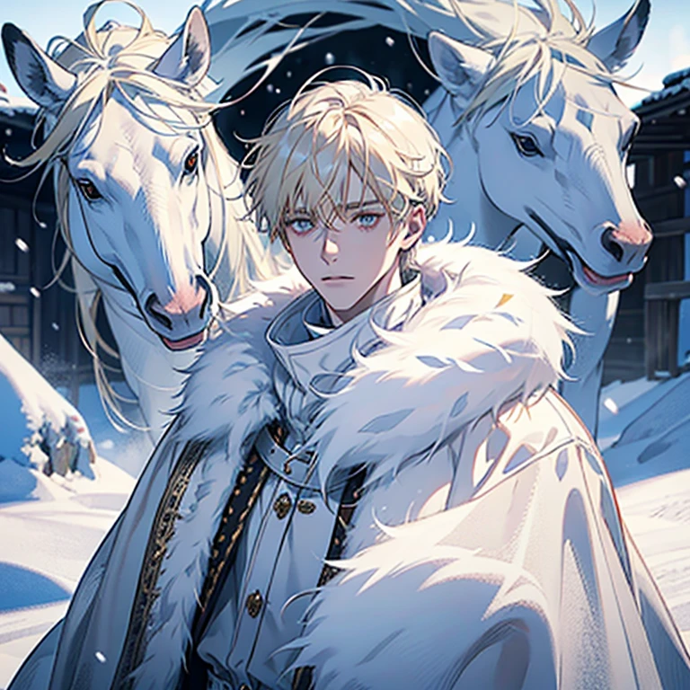 male, Face Focus, Photo of your face, Snow Background, Light blonde, Pale skin, White eyes, White fur clothes, cold, Clothes made of animal skins, Eskimo, Furry scarf, Ice Age, albino, Hauntingly pale, Very fluffy clothes