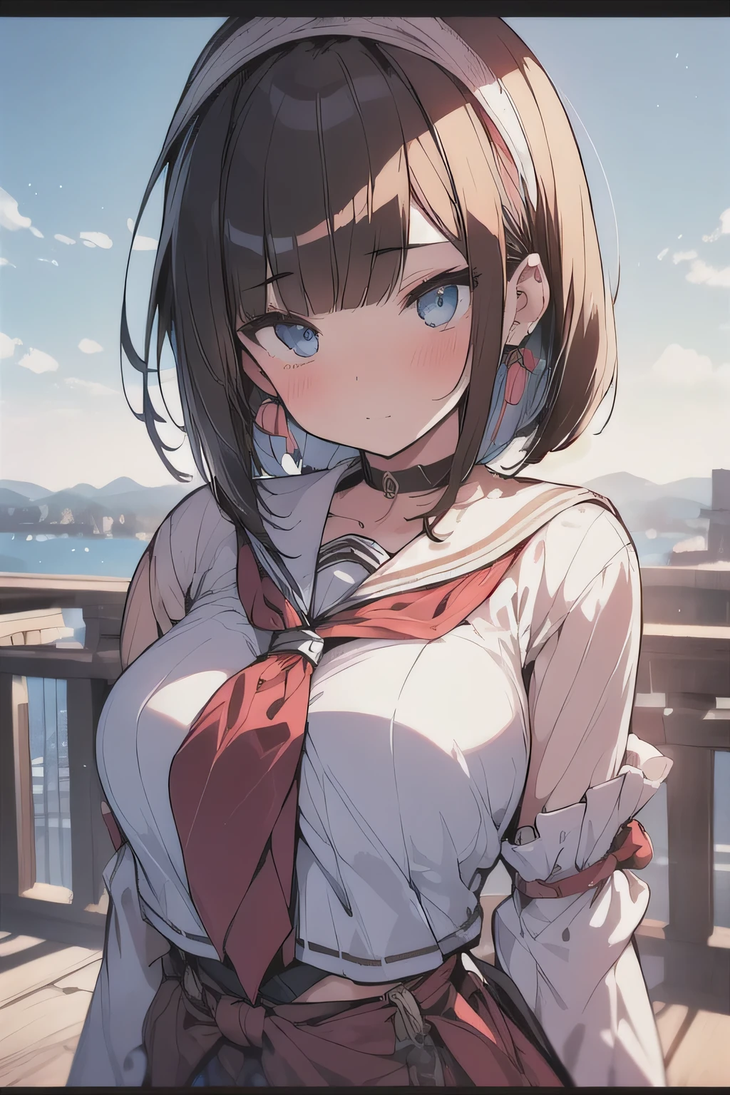 (best quality), (Super detailed), (Best Illustration), (masterpiece), (woman), High Contrast, upper body, (white serafuku), (large breasts), {(detailed eyes), blue eyes}, {brown hair, (sideburns), (bob cut:1.3), curly hair, hairs between eyes, colored inner hair}, blush, earring, hair band, (wind), beautiful sky, (panoramic view:1.4)