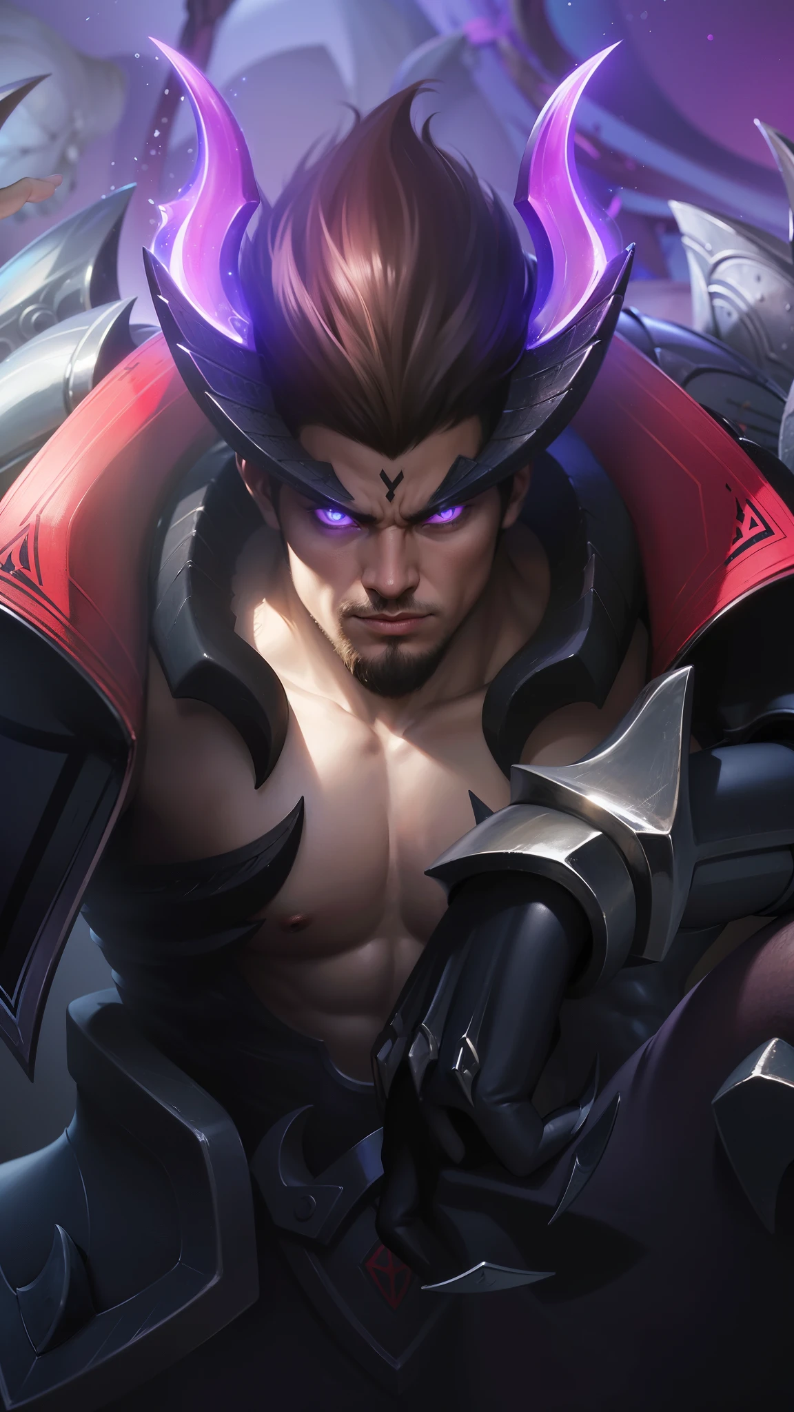 a close up of a boy with a sword and armor, gilgamesh, portrait of dragoon, casimir art, roguish smirk, sylas, official splash art, mobile legends, Best quality, masterpiece, detailed skin texture, detailed clothes texture, detailed face, super detail, 8k, intricate detail, 1 boy, The color doesn't change, Muscle guy, 1 guy, purple eyes.