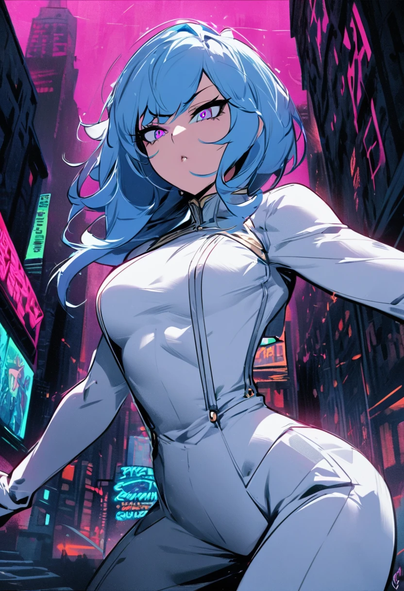 Create an anime-style Boku no hero academia digital art of a female superhero with a cityscape as a background.. The heroine should have bold and dramatic features, long sky blue hair and lilac eyes.., wearing a tight-fitting white hero-like suit with details and elegant lines. Your expression must be serious and determined., and she should be in a dynamic pose, ready for action. The cityscape should be a mix of classical baroque architecture and skyscrapers ., with bright neon lights and a harsh, ambiente . The overall color scheme should be moody and dramatic., con blues profundos, morados, y naranjas.