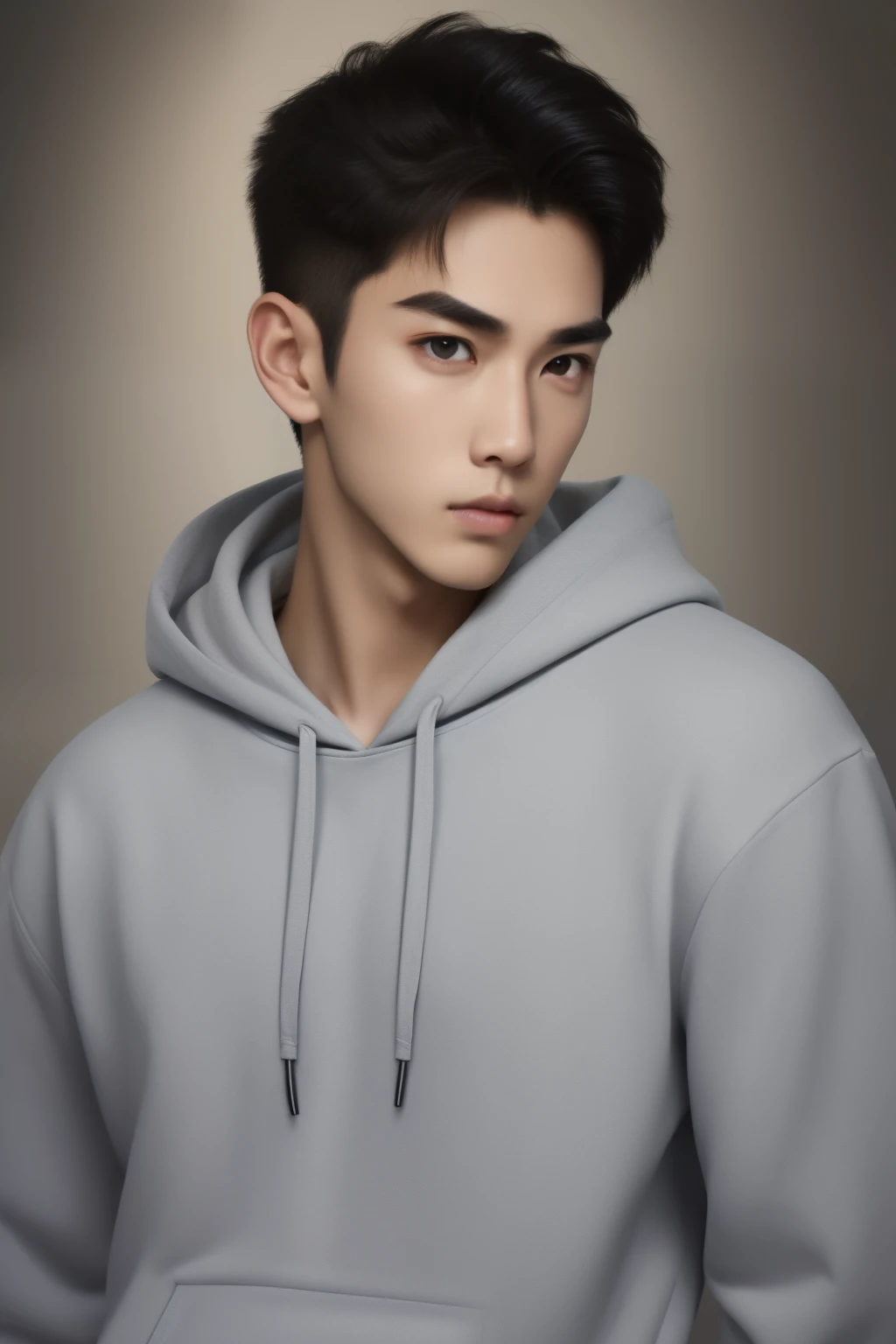 (1boy:1.45),male focus,(solo:1.33),Asian Slim male,slim,thin,adult,handsome face,real skin texture,well-proportioned hands,think eyebrow,Eyeball,dramatic angle,Surfer Hairstyle,black eyes,solid eyes,thick eyebrows,hoodie,Underwear,