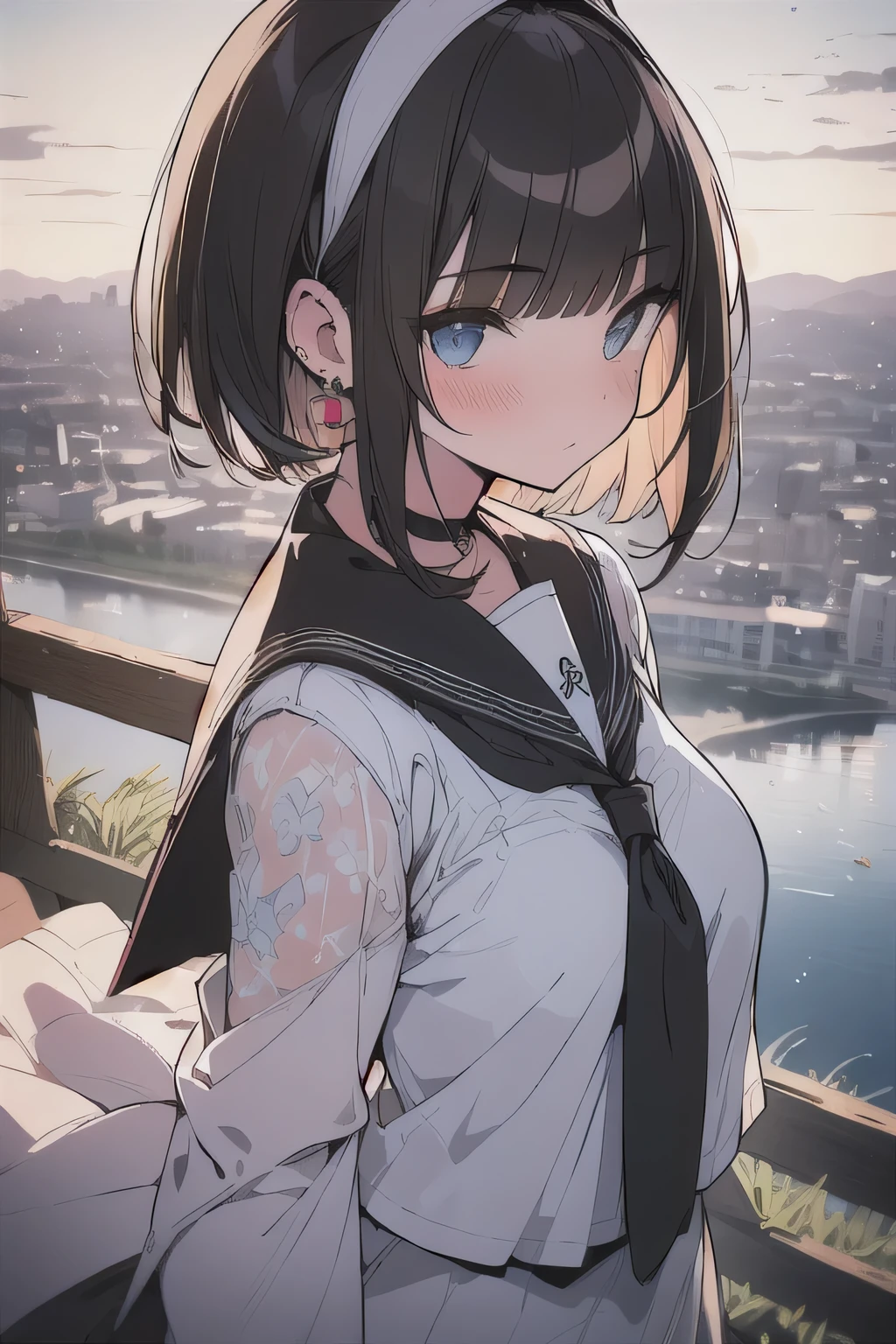 (best quality), (Super detailed), (Best Illustration), (masterpiece), (woman), High Contrast, upper body, (white serafuku), (large breasts), {(detailed eyes), blue eyes}, {brown hair, (sideburns), (bob cut:1.3), curly hair, hairs between eyes, colored inner hair}, blush, earring, hair band, (wind), beautiful sky, (panoramic view:1.4)