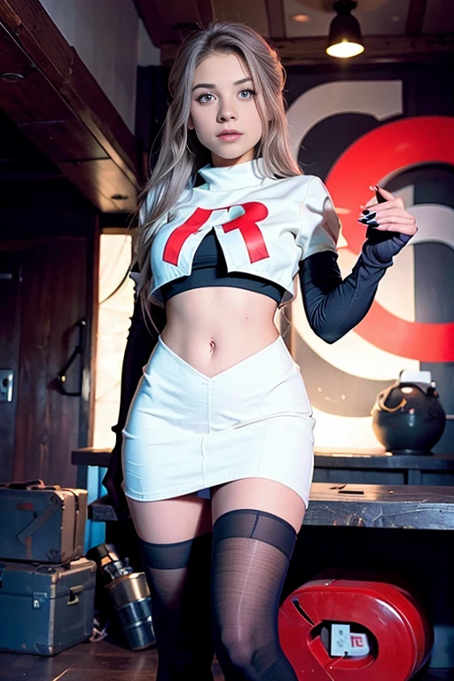 xoaeriel, a woman wearing team rocket,team rocket uniform,white skirt,red letter R,crop top,black thigh-highs,black elbow gloves,