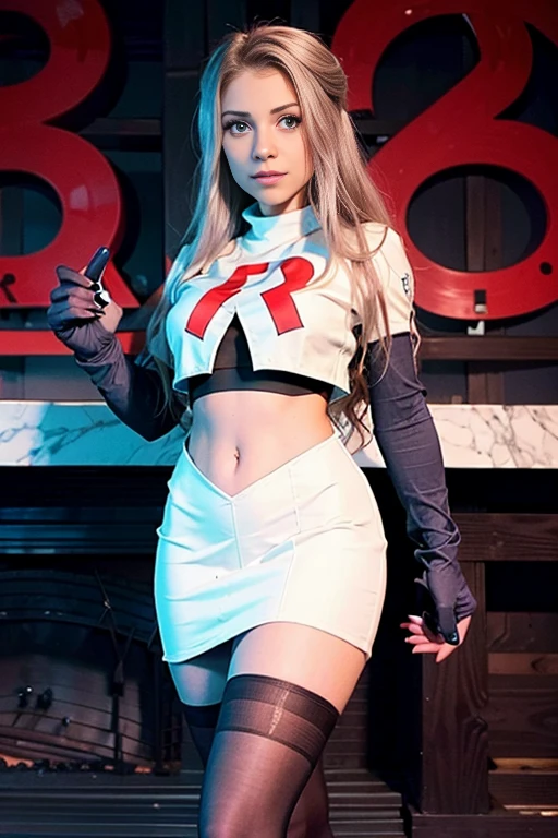 xoaeriel, a woman wearing team rocket,team rocket uniform,white skirt,red letter R,crop top,black thigh-highs,black elbow gloves,