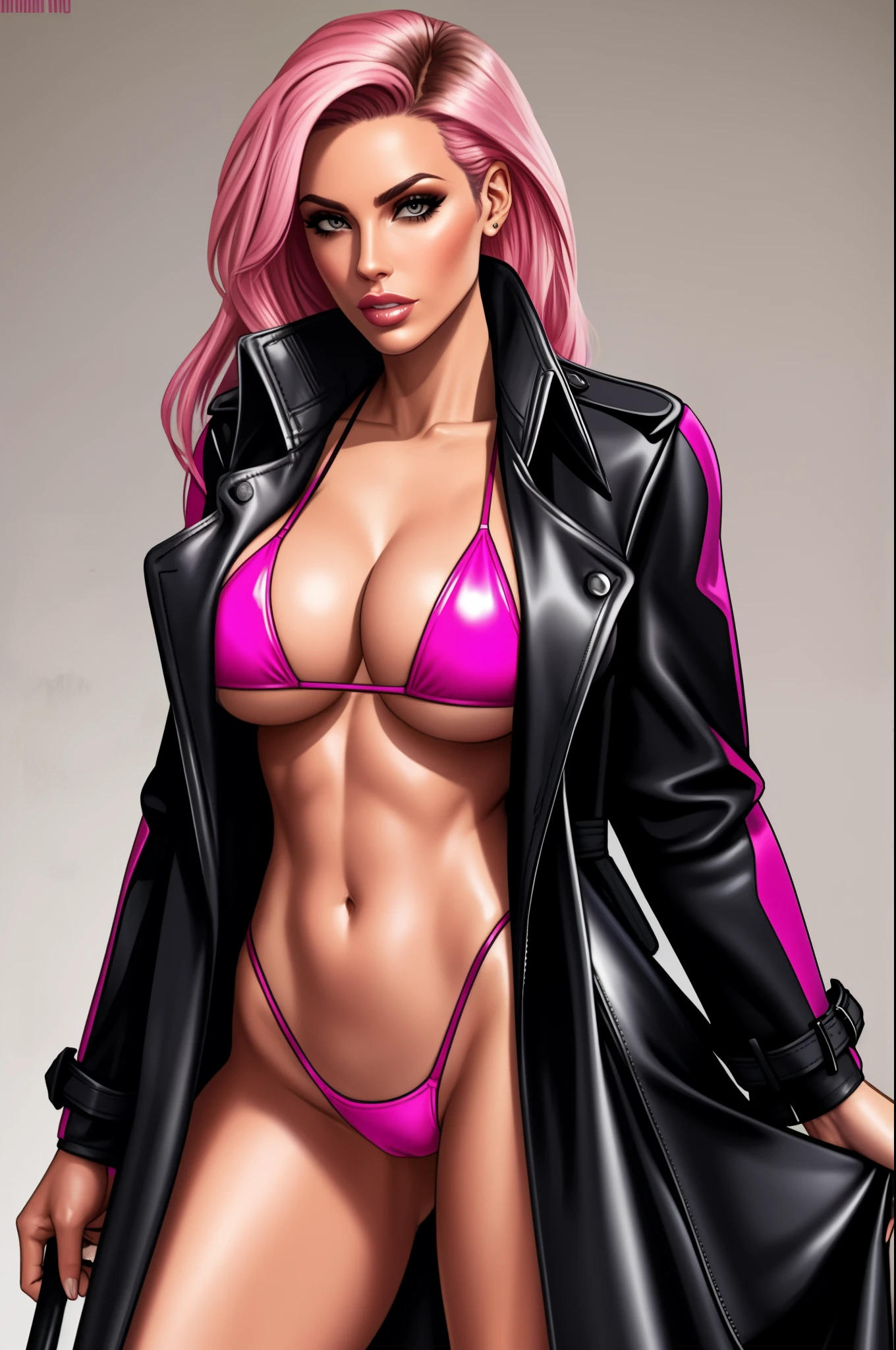 pink bikini, black leather trenchcoat