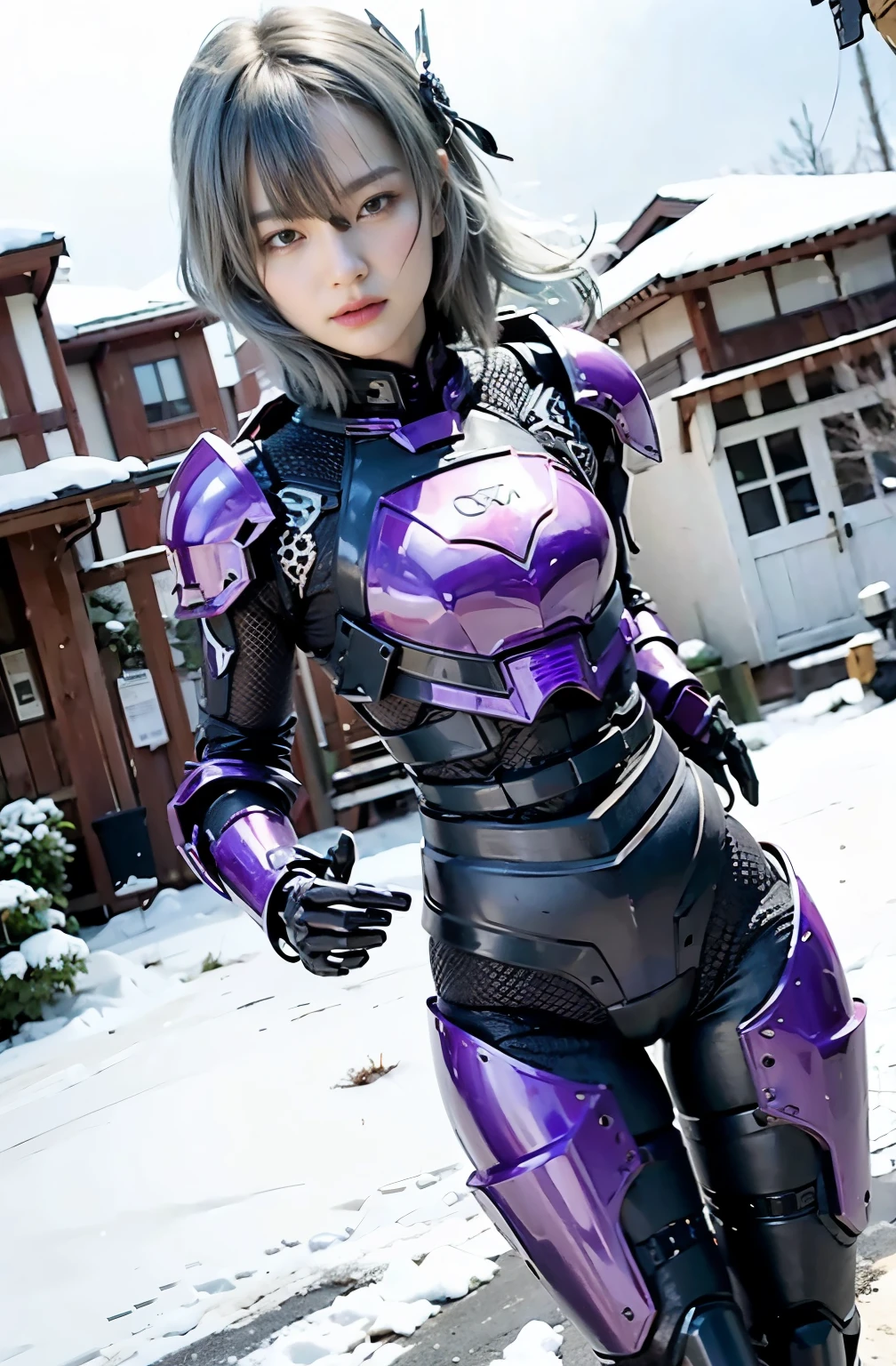 (mechanical armor:1.2), ultimately intricate details, black armor, purple accent