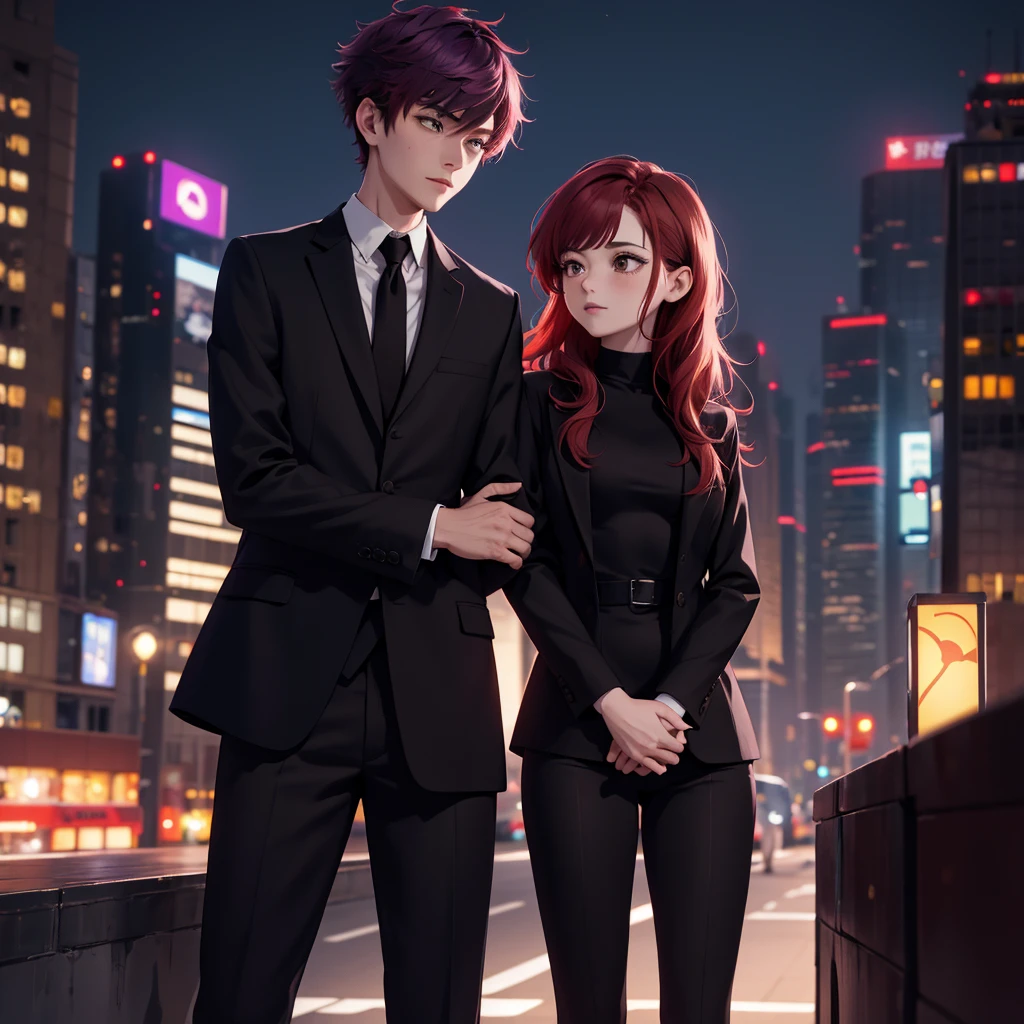 1boy 1girl cuddeling each other, short purple hair boy, long red hair girl, brown eyes, wearing all black suit together, city, absurdres, high res, ultrasharp, 8K, masterpiece,