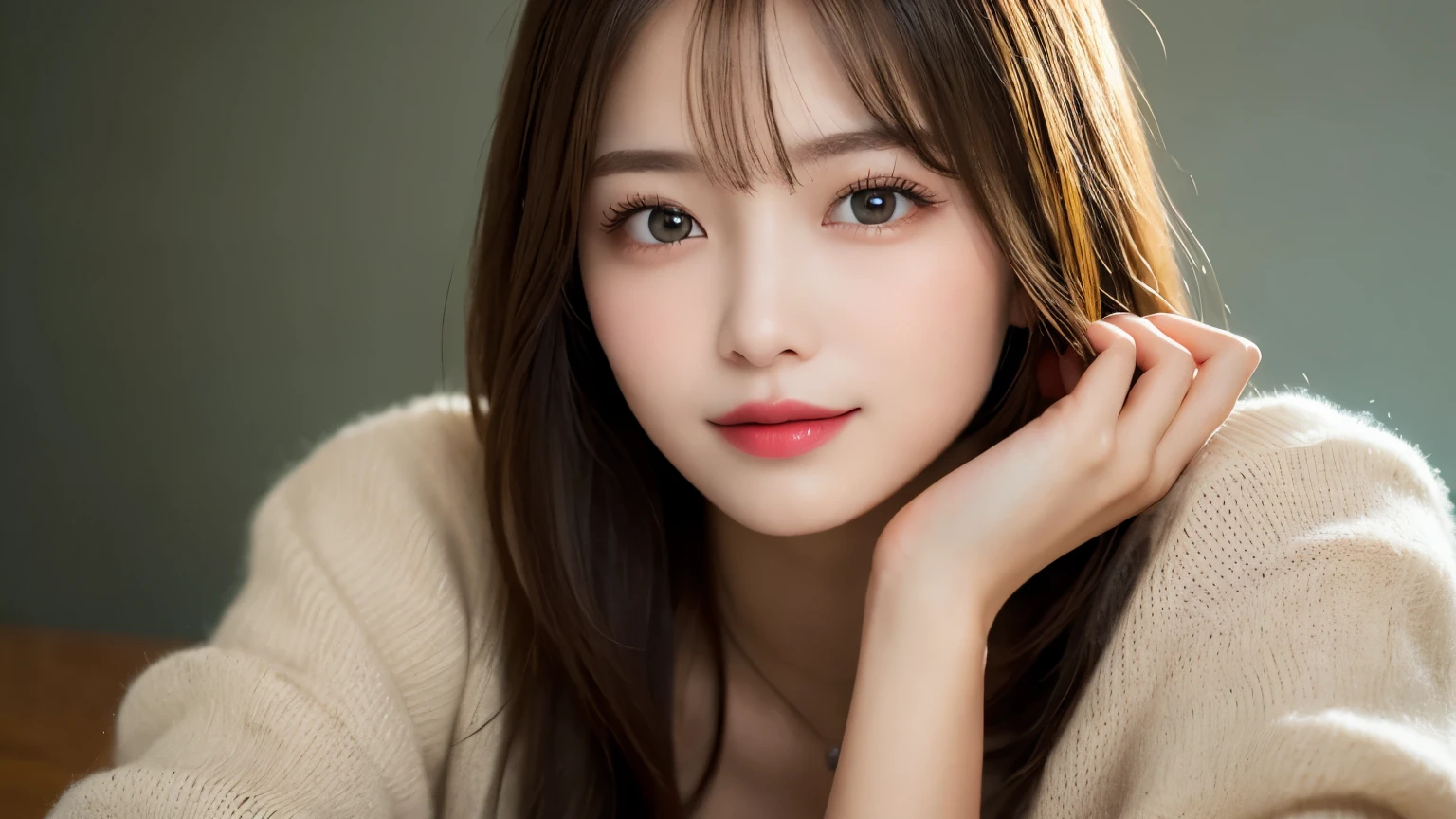 On the table, best quality, shape, Ultra Detailed, Finely, high resolution, 8k wallpaper, 完璧なダイナミックな構shape, Beautiful and delicate eyes, Medium Length Hair, Small Breasts, Natural lipstick, Casual sexy pose,Smile,20 year old girl、midnight、Beautiful and detailed face、Perfect beautiful face,big eyes、original photo、Expressing female posture using the whole body、Beautiful and delicate eyes、Small face、Beautiful duplex、Facelift and style,skirt、Beautiful golden ratio face,Long hair