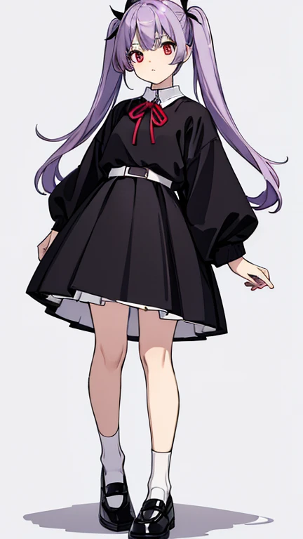 Light purple hair、Red Eyes、Twin tails、Black knit、White Skirt、ribbon、White socks、foot、Black shoes、Character portrait、upright、Are standing、White background