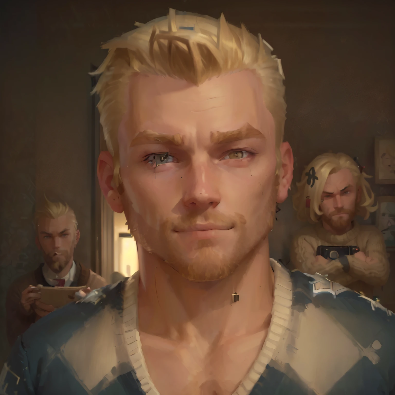 a close up of a person wearing a sweater and a sweater, as a character from gtav, blonde guy, avatar with a blond hair, blonde man, as the protagonist of gta 5, manly face, young adult male, small blond goatee, looking smug, raphael hopper, smug smirk, proud serious expression, nefarious smirk, ed hopper, realistic