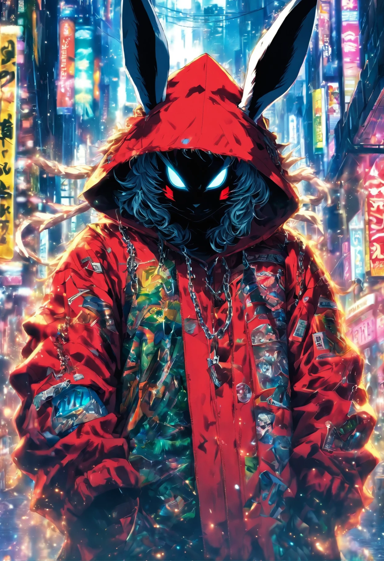 ((((masterpiece, highest quality, Super detailed, very_expensive_solve, big_file size, Full Color)))), Cool rabbit, Sharp eyes, nice, Red pupils, Wearing a large hoodie, Colorful hoodies, Possessing a weapon with a metal ball attached to a chain,