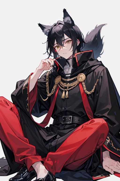 A catboy, young man, lazy expression, lazy eyes, lean, thin, anime boy, relaxed, tanned skin, black clothes, fantasy historian,  messy dark black hair, slanted eyes, poker face, messy, worn looking clothes, old clothes, begger, with a long cat tail, fantasy market background, dnd, JRPG, historian, scrolls, dungeon