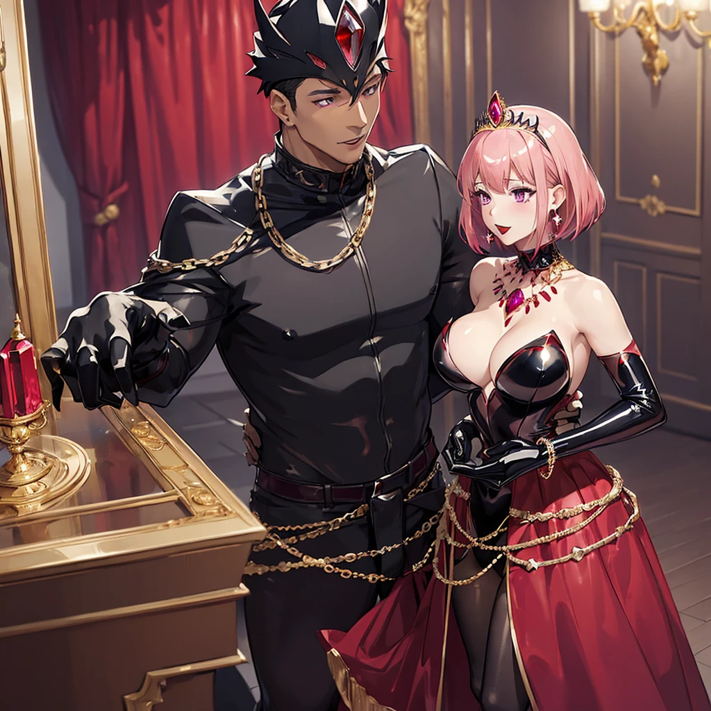 ((female1people))、((highest quality)), ((masterpiece)), (detailed), Perfect Face、Momo Belia Deviluke、Pink Hair, Purple eyes, femaleは男の妻になる、big red gemstone engagement ring、short hair,jewelled tiara、femaleは性処理をする、Earrings、Red lipstick、An iron collar with a large red jewel、A luxurious veil、 ((Black shiny zentai)),The tights are tight to the body 、Gold embroidery on full body tights、Huge breasts、Bracelet、jewelled waist chain、Wear beautiful jewelry、(Latex suit covering the whole body in black)、black shiny gloves、Black shiny boots、Bedroom、((Give a to a man))、(She happily gives a blowjob to a guy's dick)、The man's dick is huge and erect、A man is having his erect penis given a blowjob、Big dick、The man pulls out his dick、Married to a man式、Married to a man、femaleは男に誓いのキスをする