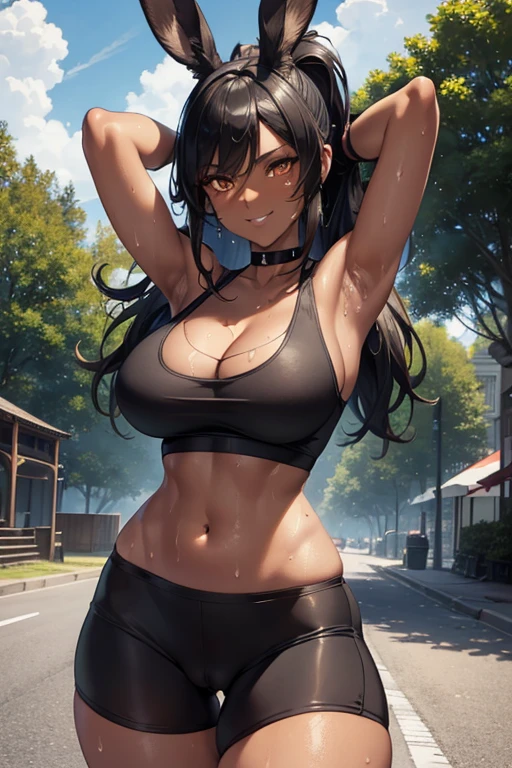 (masterpiece), best quality, highly detailed faces, (SHARP details), 4k, highly detailed, expressive eyes, SHARP detail expressive eyes, (SHARP detail perfect face), ((dark skin)), (bunny ears), (viera), ((black hair)), (choker) amber eyes, ponytail, wild tomboy hair, (large breasts), smiling, standing, (wearing tight white tank top), 20 years old, ((wearing tight cycling shorts)), ((solo)), nice hips, curvy, (((view from front))), , tall woman, outdoors, road, (cameltoe), midriff, big ass, crotch, ((sweat)), cleavage, (sweaty armpit), raised arm, (portrait), face focus, armpit focus,