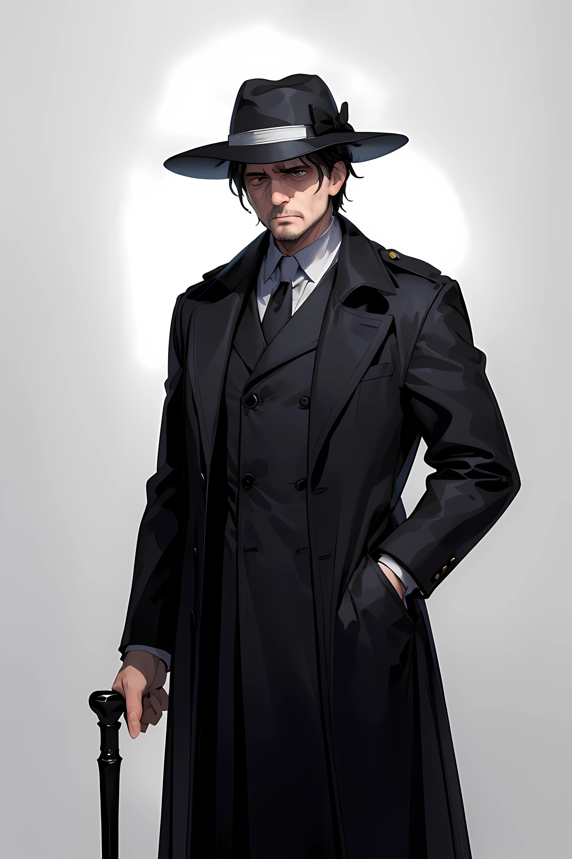 (masterpiece:1.5), (best quality:1.5), gloomy man, middle aged, inspector, long black coat, (dark circles:1.5), tall, tall man, black hair, no beard, black hat, (white background:1.8), (simple background:1.2), adult, dark eyes, glommy eyes, anguish, short hat, shadow hat, (forty years old man), (standing straight:1.5), very detailed face, extremely detailed eyes,