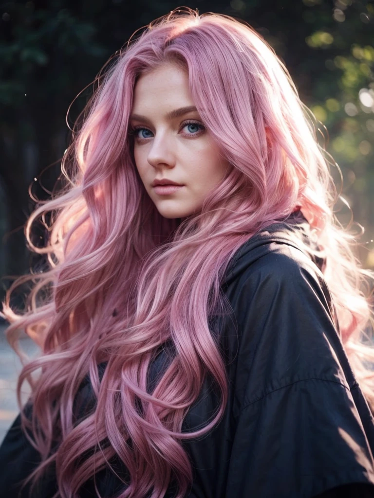 a woman, long curly hair, pink hair, blue eyes, Eleven, dark forest, windy hair, hood, dark steal, bright eyes, elf