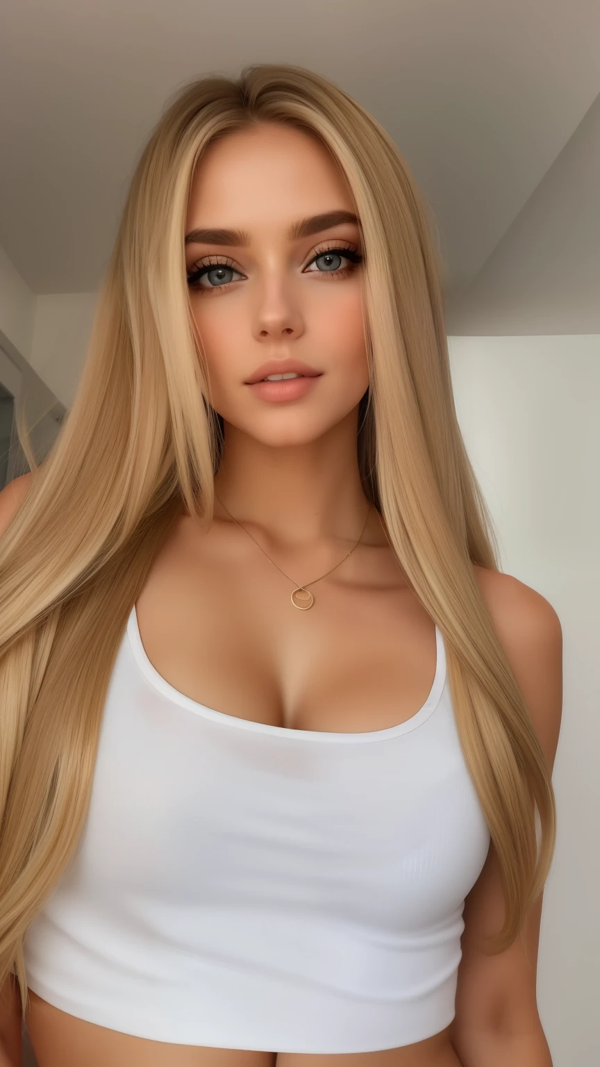 um close up de uma mulher With long blonde hair usando um top branco, With long blonde hair, Brunette with dyed blonde hair,  With long blonde hairセクシー, Long blonde hair and big eyes, Her hair is white, Long blonde hair and big eyes, とてもWith long blonde hair, Has long hair and sharp eyes, Very long and thick blonde hair, Long blonde brown hair