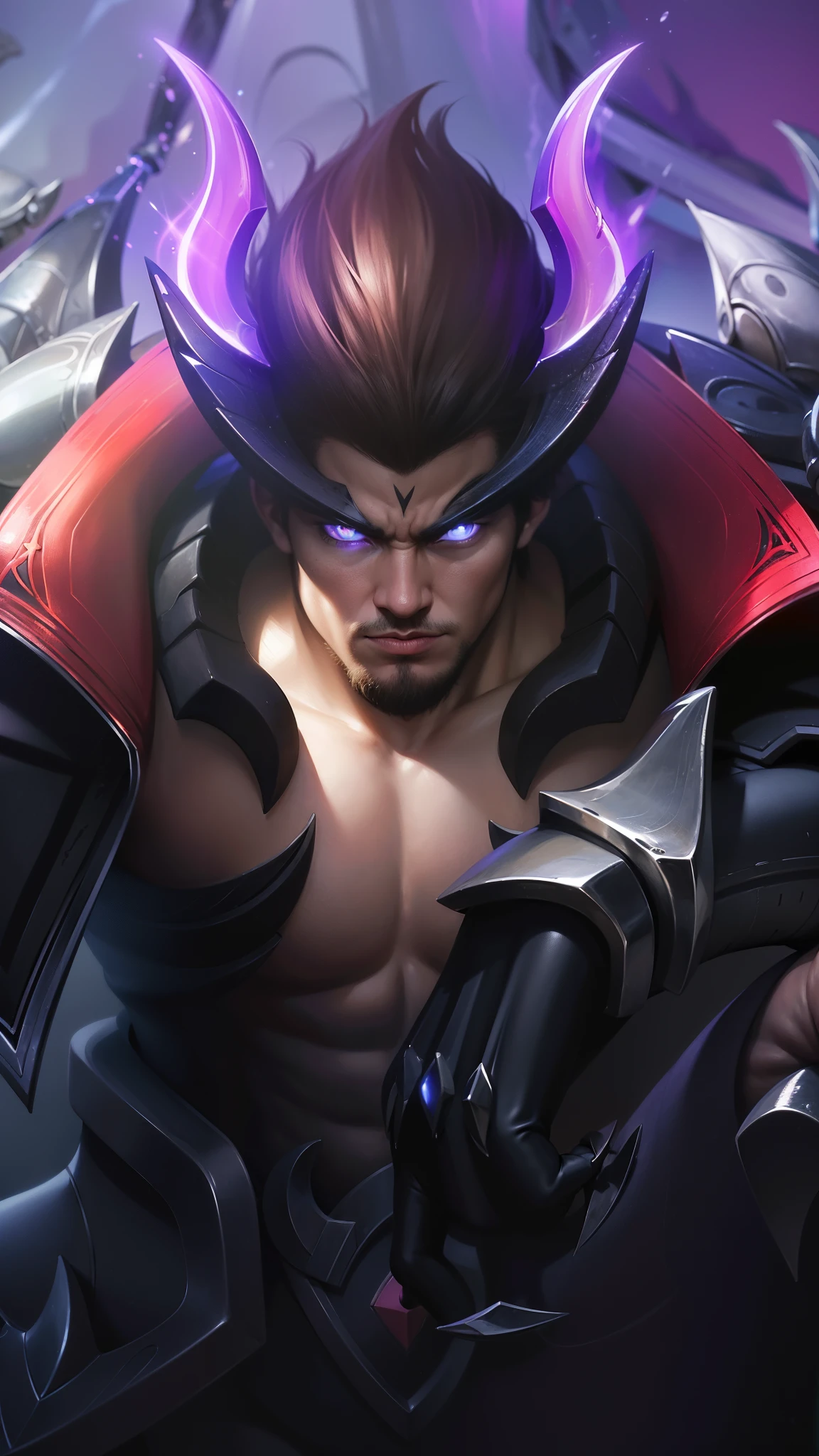 a close up of a boy with a sword and armor, gilgamesh, portrait of dragoon, casimir art, roguish smirk, sylas, official splash art, mobile legends, Best quality, masterpiece, detailed skin texture, detailed clothes texture, detailed face, super detail, 8k, intricate detail, 1 boy, The color doesn't change, Muscle guy, 1 guy, purple eyes.