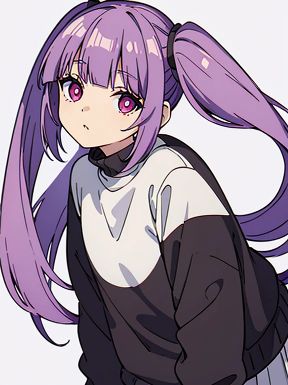 Light purple hair、Red Eyes、Twin tails、Black knit、White Skirt、Casual clothing、White background