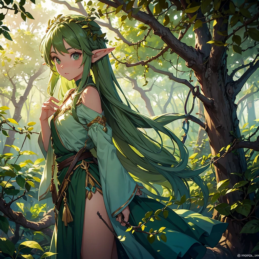 A forest elf (female, colorful tangled hair, olive skin) wearing little more than a few vines and leaves is very cautiously stalking the viewer, peeking from around trees and out of shrubs