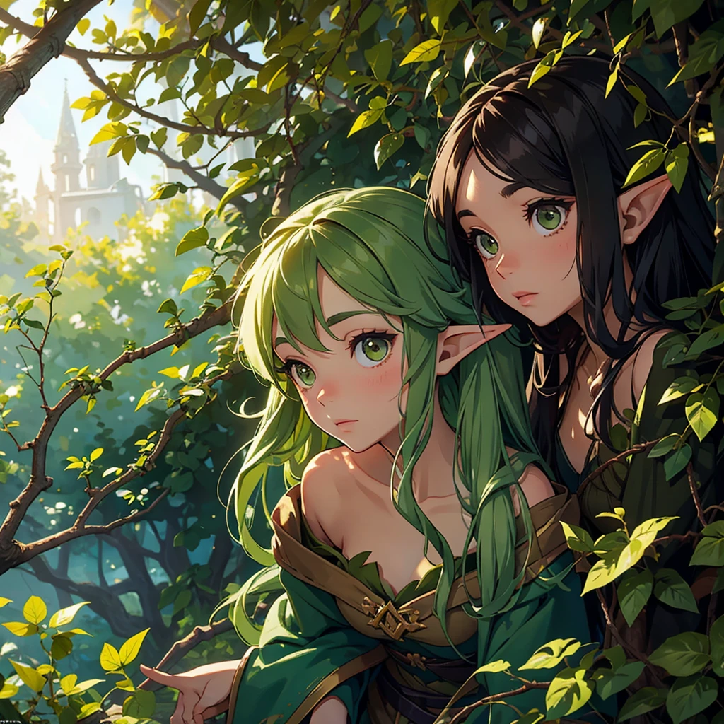 A forest elf (female, colorful tangled hair, olive skin) wearing little more than a few vines and leaves is very cautiously stalking the viewer, peeking from around trees and out of shrubs