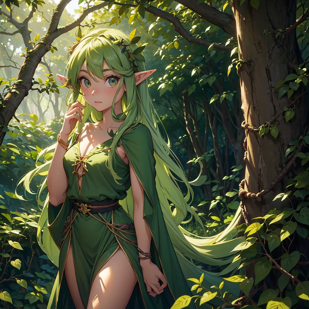 A forest elf (female, colorful tangled hair, olive skin) wearing little more than a few vines and leaves is very cautiously stalking the viewer, peeking from around trees and out of shrubs