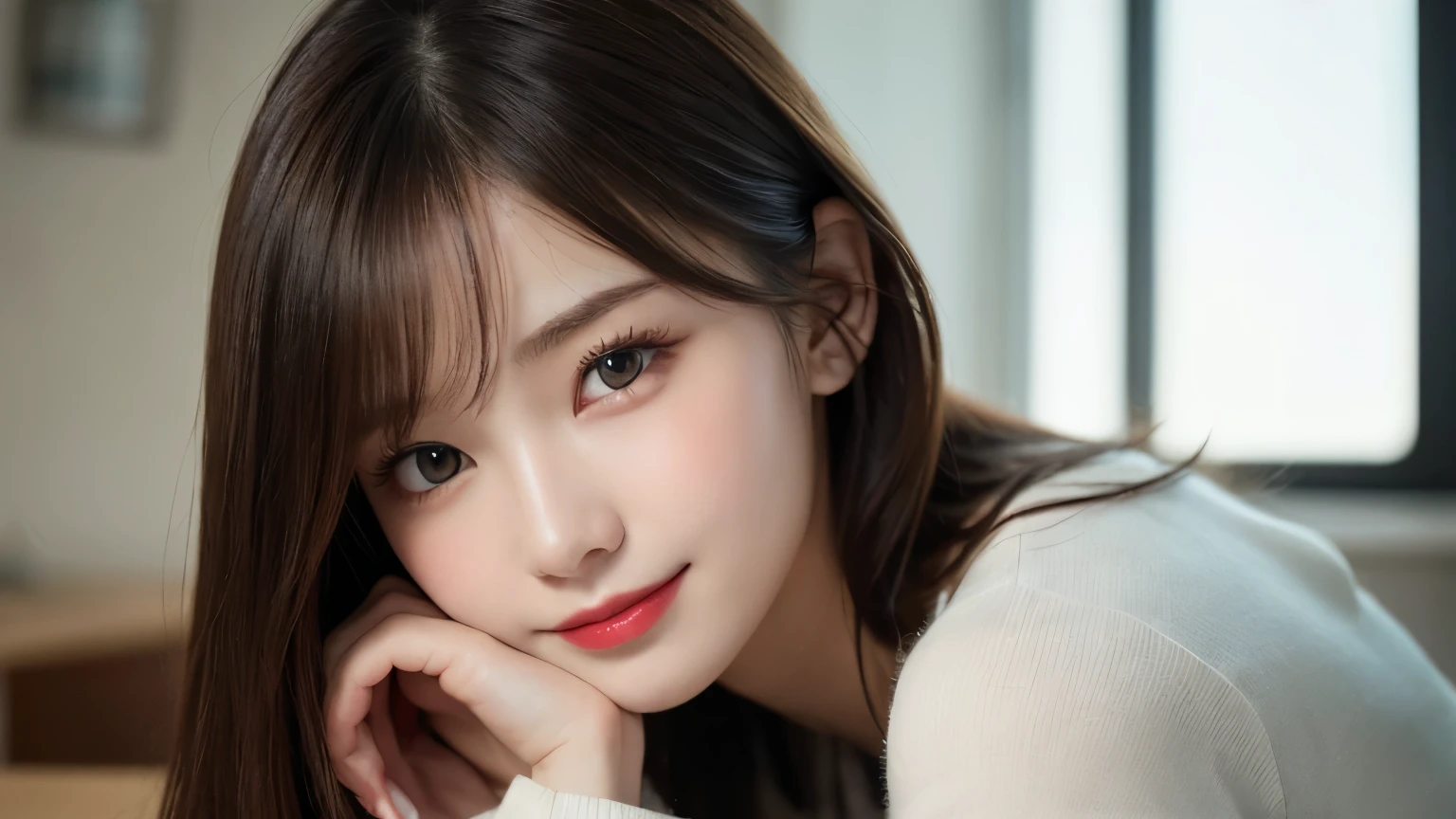 On the table, best quality, shape, Ultra Detailed, Finely, high resolution, 8k wallpaper, 完璧なダイナミックな構shape, Beautiful and delicate eyes, Medium Length Hair, Small Breasts, Natural lipstick, Casual sexy pose,Smile,20 year old girl、midnight、Beautiful and detailed face、Perfect beautiful face,big eyes、original photo、Expressing female posture using the whole body、Beautiful and delicate eyes、Small face、Beautiful duplex、Facelift and style,skirt、Beautiful golden ratio face,Long hair