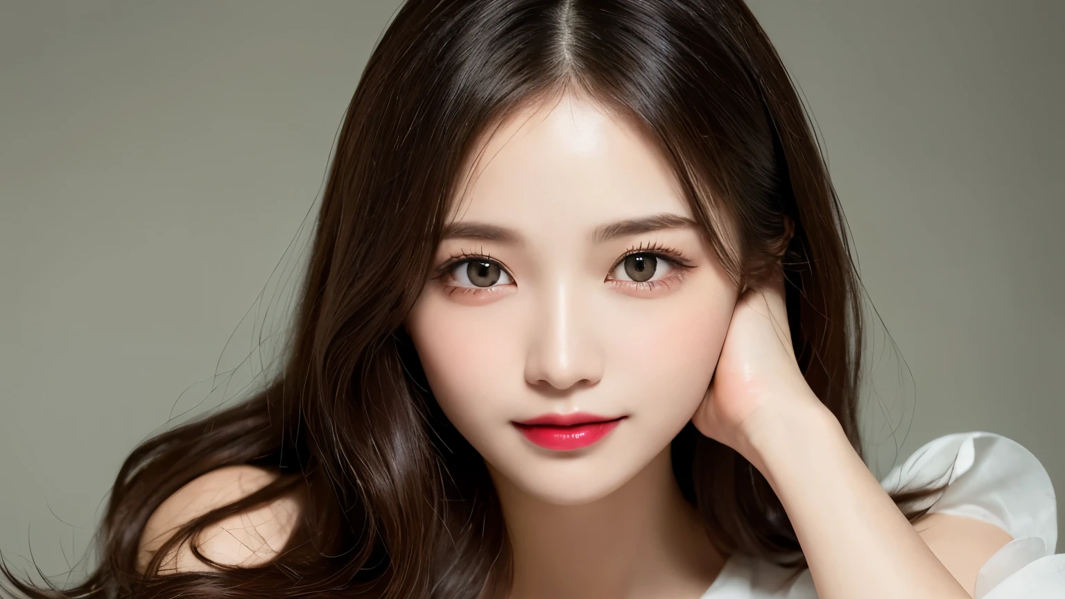 on the table, best quality, shape, Ultra Detailed, Finely, high resolution, 8k wallpaper, 完璧なダイナミックな構shape, Beautiful and delicate eyes, Medium Length Hair, Small Breasts, Natural lipstick, Casual sexy pose,Smile,20 year old girl、midnight、Beautiful and detailed face、Perfect beautiful face,big eyes、original photo、Use the whole body to express the feminine posture、Beautiful and delicate eyes、Small face、Beautiful duplex、Facelift and style,skirt、Beautiful golden ratio face,Long hair