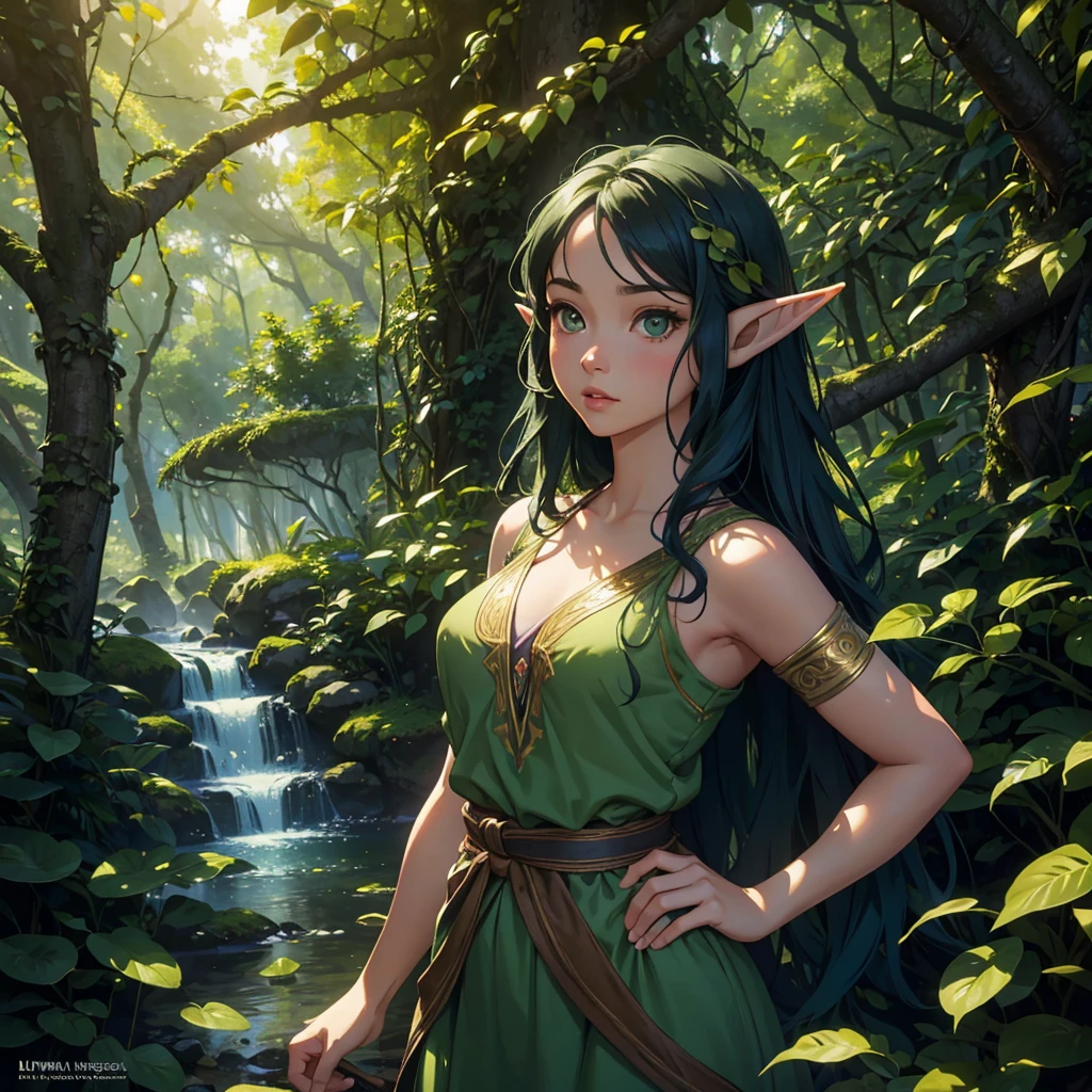 (forest elf:1.1),(female:1.1),colorful tangled hair,olive skin,cautiously stalking the viewer,peeking from around trees,peeking out of shrubs,wearing vines and leaves,little clothing,natural attire,exotic appearance,mystical allure,vivid and vibrant colors,whimsical and enchanting forest environment,soft sunlight filtering through the foliage,magical atmosphere,mysterious ambiance,ethereal presence,dreamlike setting,immersing in nature's embrace (best quality,4k,8k,highres,masterpiece:1.2),ultra-detailed,(realistic,photorealistic,photo-realistic:1.37),HDR,UHD,studio lighting,ultra-fine painting,sharp focus,physically-based rendering,professional,vivid colors,bokeh,impressionistic style,nature-inspired painting,fantasy artwork
