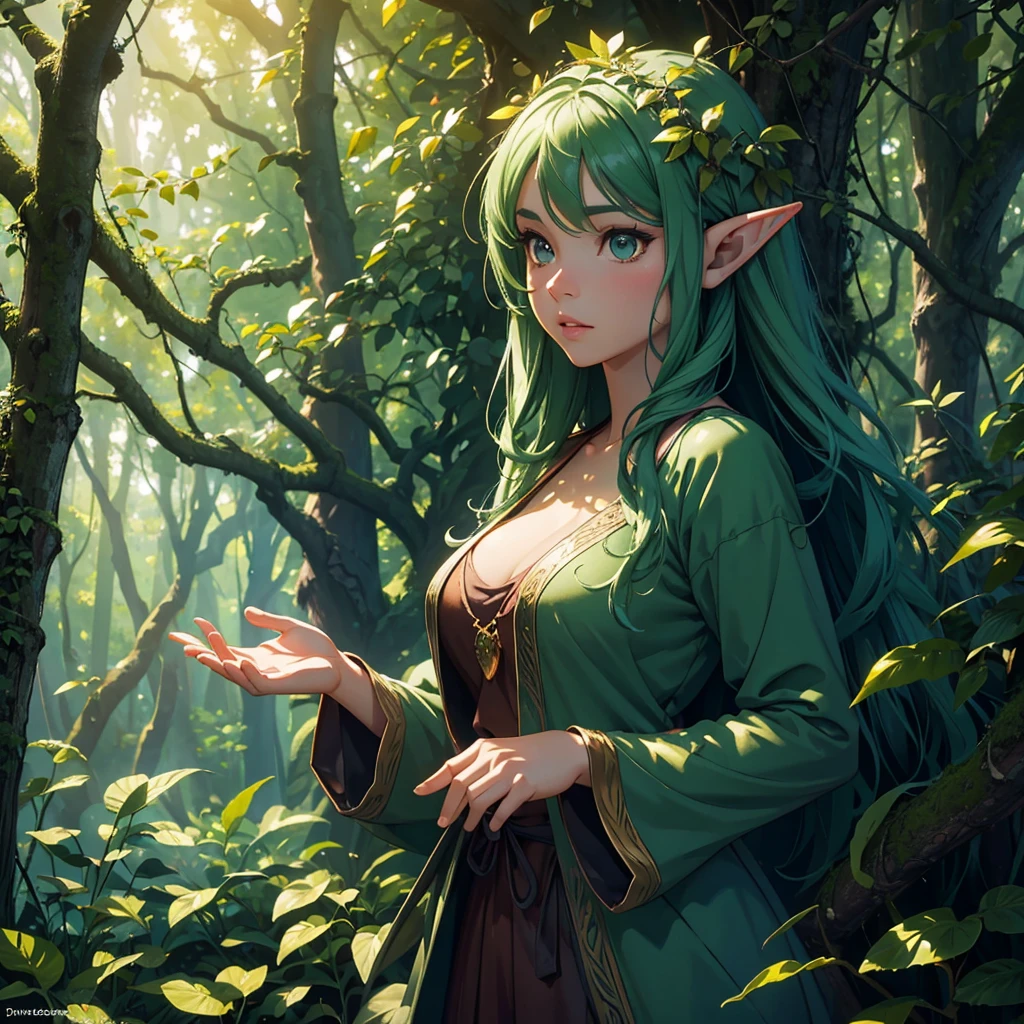 (forest elf:1.1),(female:1.1),colorful tangled hair,olive skin,cautiously stalking the viewer,peeking from around trees,peeking out of shrubs,wearing vines and leaves,little clothing,natural attire,exotic appearance,mystical allure,vivid and vibrant colors,whimsical and enchanting forest environment,soft sunlight filtering through the foliage,magical atmosphere,mysterious ambiance,ethereal presence,dreamlike setting,immersing in nature's embrace (best quality,4k,8k,highres,masterpiece:1.2),ultra-detailed,(realistic,photorealistic,photo-realistic:1.37),HDR,UHD,studio lighting,ultra-fine painting,sharp focus,physically-based rendering,professional,vivid colors,bokeh,impressionistic style,nature-inspired painting,fantasy artwork