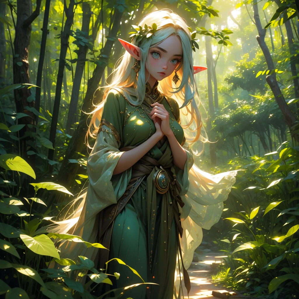 (forest elf:1.1),(female:1.1),colorful tangled hair,olive skin,cautiously stalking the viewer,peeking from around trees,peeking out of shrubs,wearing vines and leaves,little clothing,natural attire,exotic appearance,mystical allure,vivid and vibrant colors,whimsical and enchanting forest environment,soft sunlight filtering through the foliage,magical atmosphere,mysterious ambiance,ethereal presence,dreamlike setting,immersing in nature's embrace (best quality,4k,8k,highres,masterpiece:1.2),ultra-detailed,(realistic,photorealistic,photo-realistic:1.37),HDR,UHD,studio lighting,ultra-fine painting,sharp focus,physically-based rendering,professional,vivid colors,bokeh,impressionistic style,nature-inspired painting,fantasy artwork