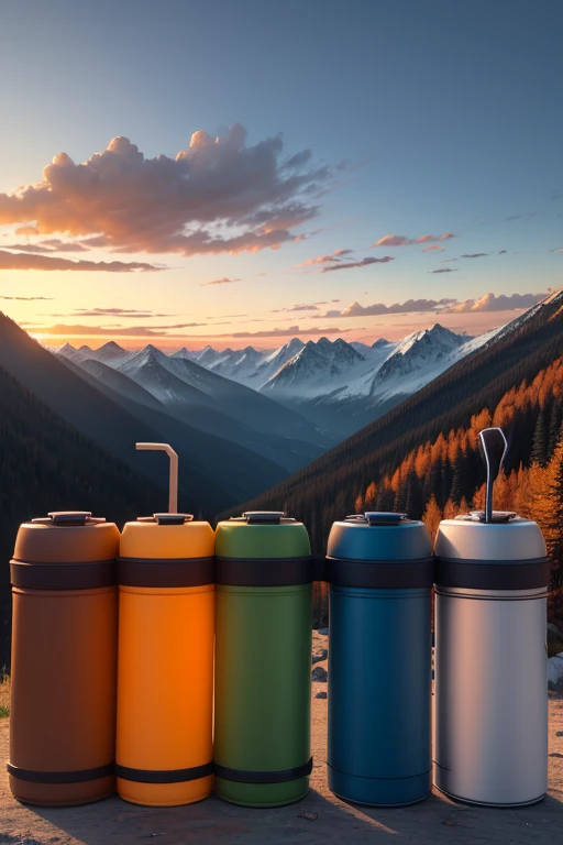 5 long and thin thermos in nature in the mountains at sunrise one red one orange one yellow one sky blue and the last blue with a hand holder in each of the black thermoses and a straw hole which can be opened or closed