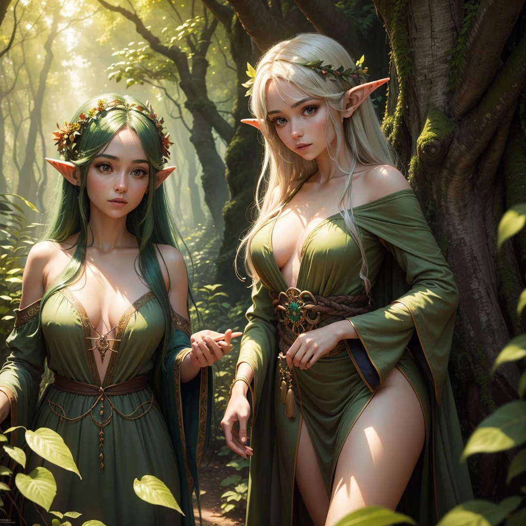 (forest elf:1.1),(female:1.1),colorful tangled hair,olive skin,cautiously stalking the viewer,peeking from around trees,peeking out of shrubs,wearing vines and leaves,little clothing,natural attire,exotic appearance,mystical allure,vivid and vibrant colors,whimsical and enchanting forest environment,soft sunlight filtering through the foliage,magical atmosphere,mysterious ambiance,ethereal presence,dreamlike setting,immersing in nature's embrace (best quality,4k,8k,highres,masterpiece:1.2),ultra-detailed,(realistic,photorealistic,photo-realistic:1.37),HDR,UHD,studio lighting,ultra-fine painting,sharp focus,physically-based rendering,professional,vivid colors,bokeh,impressionistic style,nature-inspired painting,fantasy artwork