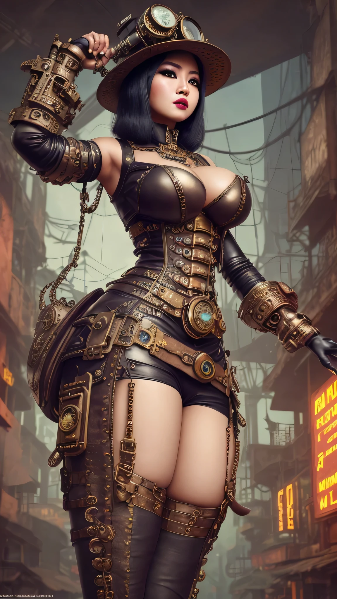 Indonesian, steampunk, retro futuristic town, big breast, big ass, complicated fashion, steampunk fashion, dynamic pose, vintage, UHD, RAW, 16K