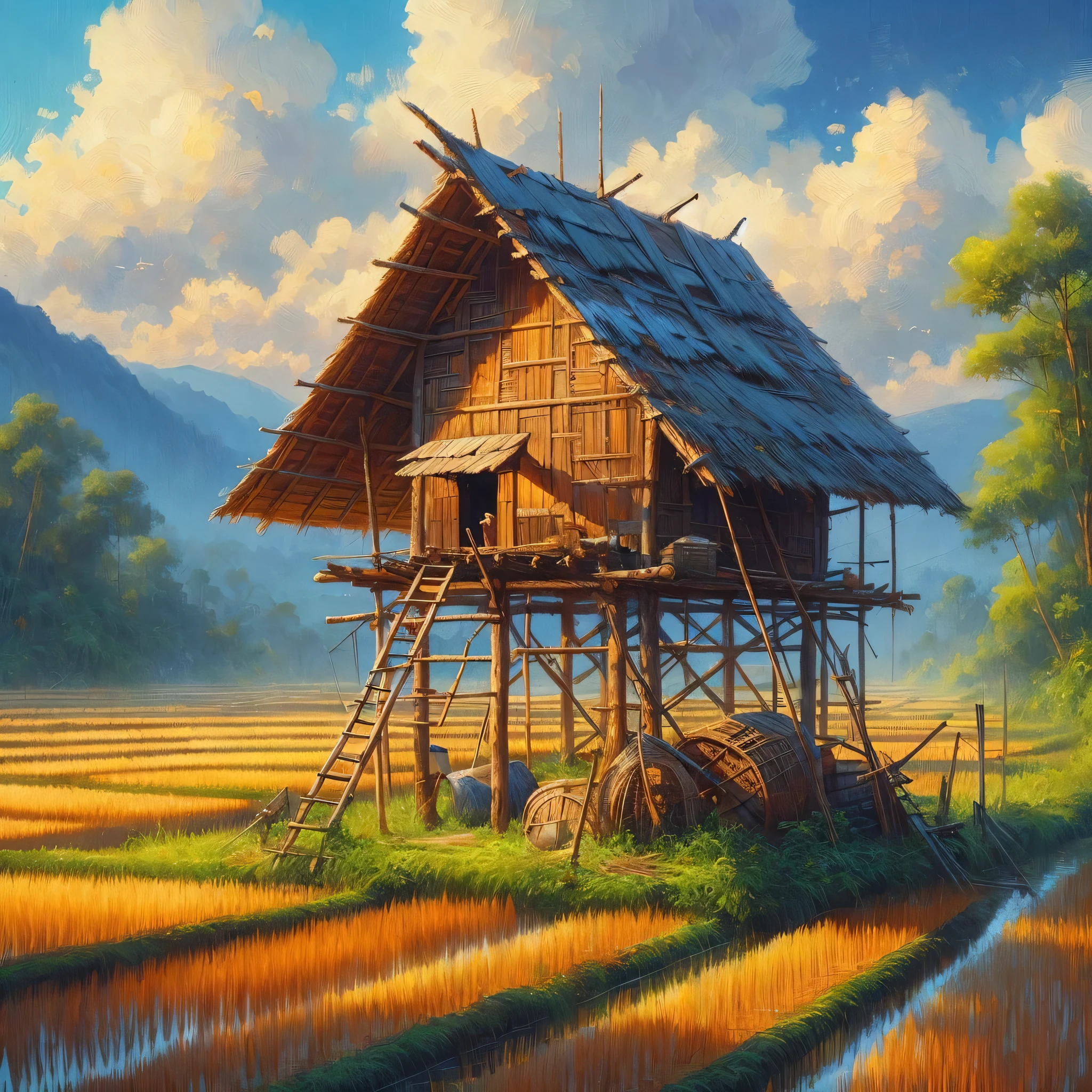 high resolution, high detail, thailand, an old workers bamboo shelter on a rice field in the background, Watercolor, trending on artstation, sharp focus, studio photo, intricate details, highly detailed, by greg rutkowski