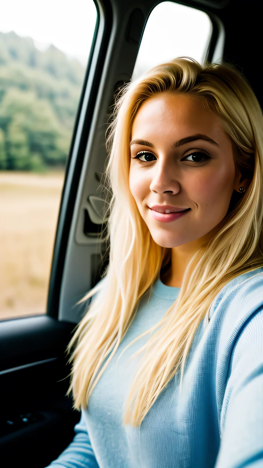 A 23-year-old blonde woman takes a selfie in a car in the morning, morning coffee, 50mm f/2.8, Blondes Haar mit hellbraunem Ansatz, blondes Haar, Haare mit braunen Wurzeln, sehr lange Haare, yeux bleus, belle femme, good quality, selfie, short depth of field