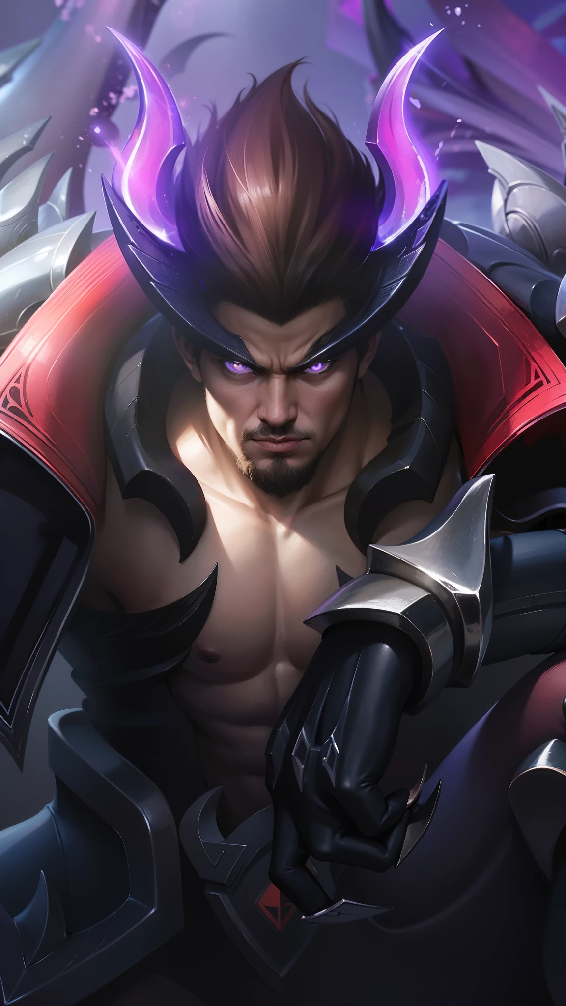 a close up of a boy with a sword and armor, gilgamesh, portrait of dragoon, casimir art, roguish smirk, sylas, official splash art, mobile legends, Best quality, masterpiece, detailed skin texture, detailed clothes texture, detailed face, super detail, 8k, intricate detail, 1 boy, The color doesn't change, Muscle guy, 1 guy, purple eyes.