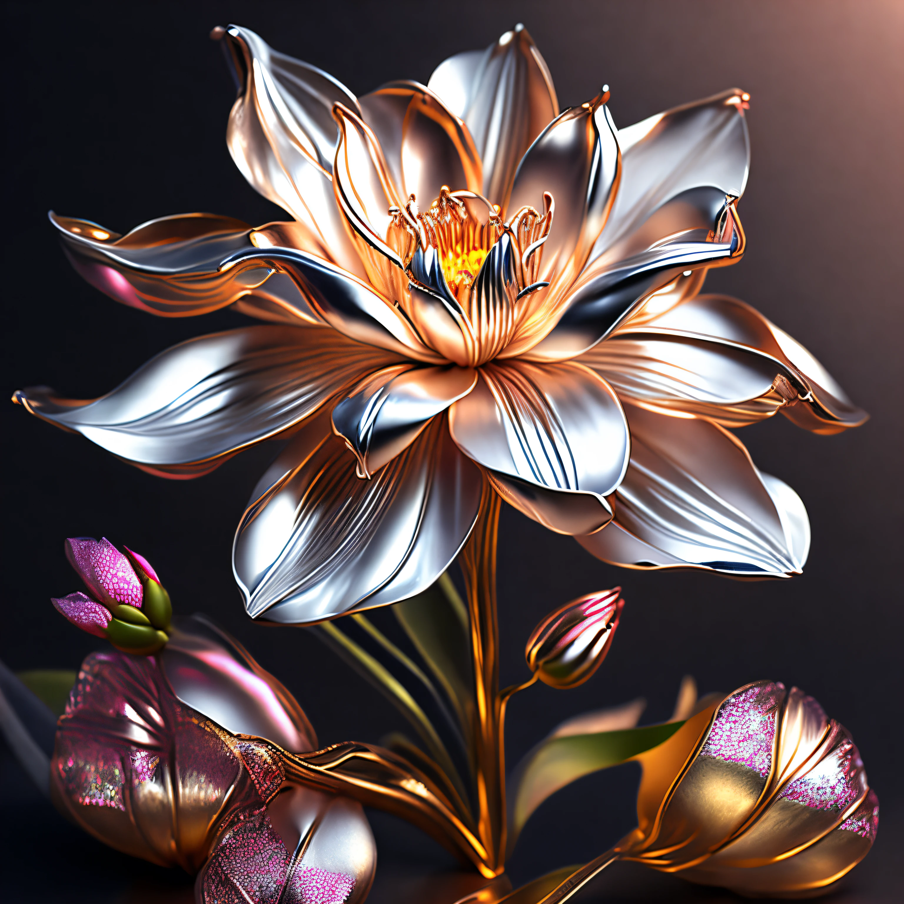 ultra calidad, (8k, foto cruda, realista), Artificial metal lilies and peonies., Cromado, Detailed, delicate renderings and eye-catching, dynamic drawing methods., professional flare lighting
