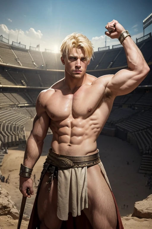 ferocious 25 year old blonde male gladiator with a bare chest and torn cloth skirt looking down at you, dusty arena stretching into the distance. Worms-eye view perspective. full body image