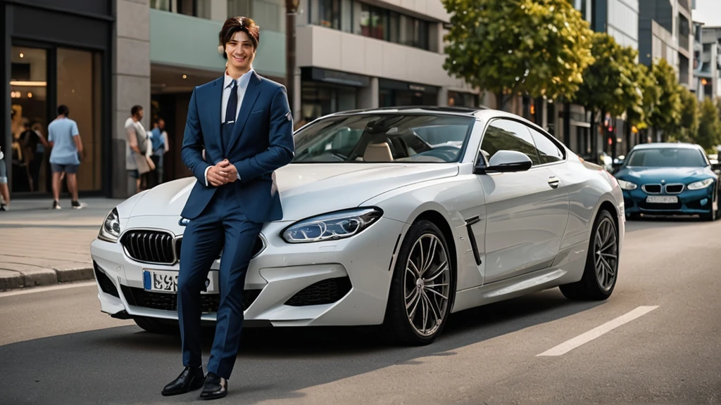 ((White BMW840I parked on the street))A young handsome Japanese man。Wearing a black suit. White shirt、Japanese man wearing light blue tie,Age 28.Height 182 cm)、with a smile on face.Standing against the hood of a white BMW840I.Cross your hands on your chest.young man with short hair.best picture quality、masterpiece、Ultra-high resolution、(Photo realism:1.4)、Full body image. 8K、Super sharp、Light is real .Ultra high quality、tall gentleman、very beautiful hair、Bright photos .Handsome as a model、Handsome as an idol、Professional avatar、Professional portrait photos、Realistic portrait photos、Detailed color portrait、Idol portrait、High quality full body portrait photos。