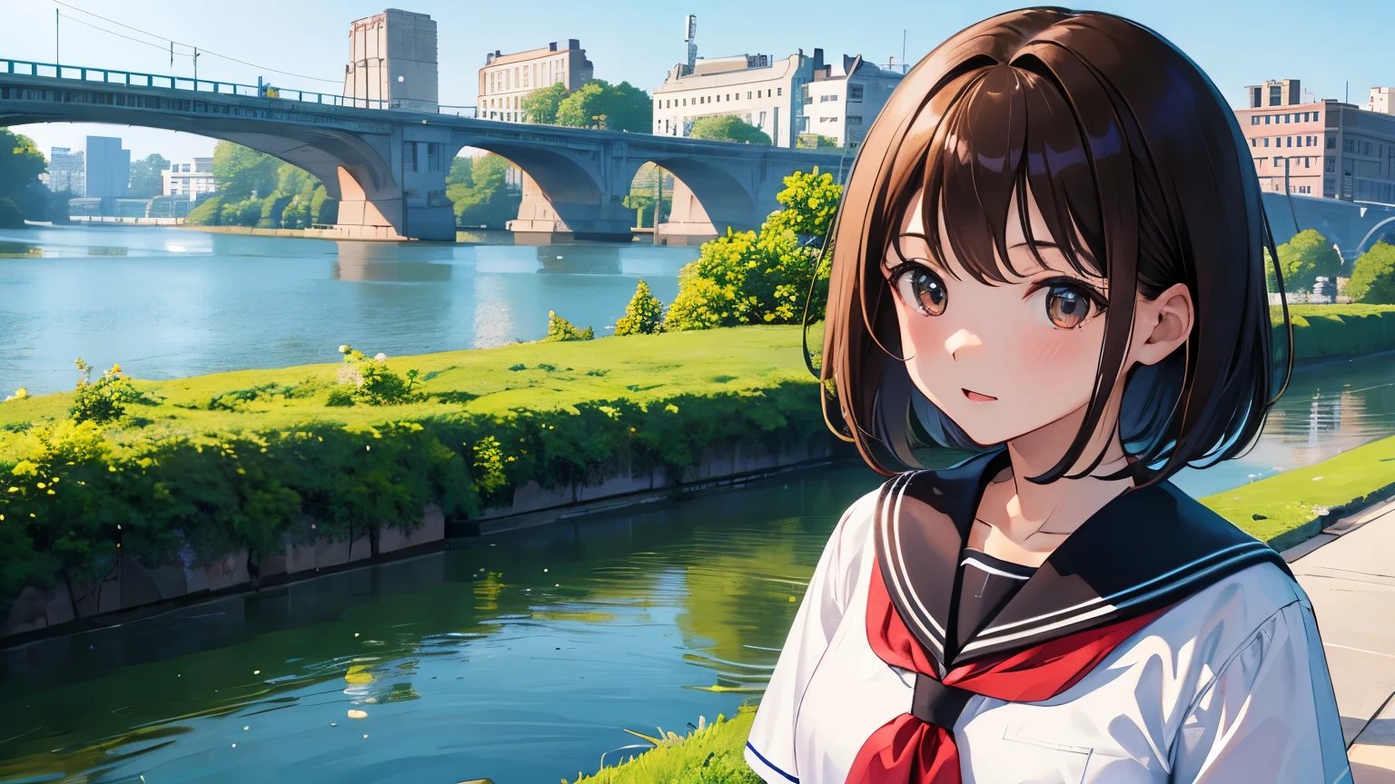 4K res, highest quality, masterpiece, cute, Japanese, high school girl, brown hair, super short hair, after school, on the way home, river, embankment, early summer, uniform