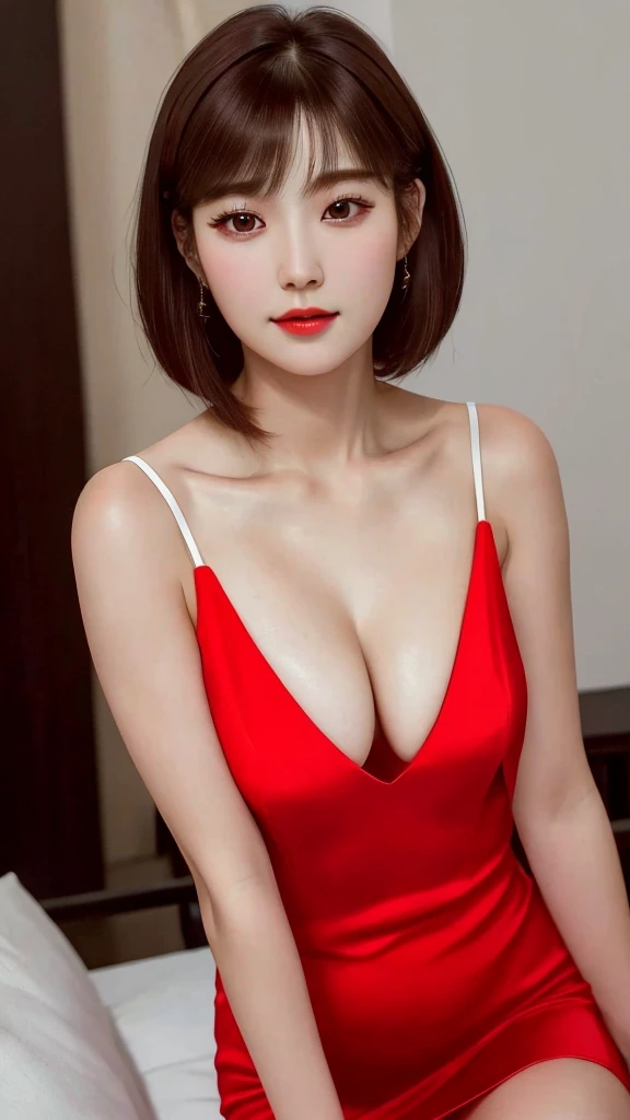 Professional photography, 16K, ultra realistic, super detailed, high resolution, best quality, head: 1.3, 1girl alone, (Korean K-pop idol), pale-brown short hair, hair fringe, silky hair, pale-white skin, illuminated skin, realistic shading, realistic textures, sharp focus, ( cinema lighting), clavicle, Morning, soft light, dream aesthetic, dream atmosphere, dynamic angle, [: (face detail:1.2):0.2], natural big breasts, tight slit, beautiful red dress, hot slim, mid-chest, cleavage, slim body whole, slim belle, proportional hip, thick thighs, different positions in various types of angles. 