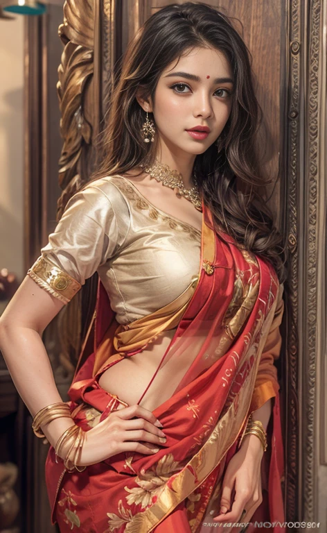 Indian look hot bhabhi transparent saree nude red big ass , Huge breasts, Showing cleavage，Perfect body，Her graceful figure, Slim waist，Curve symmetry, 8K photography